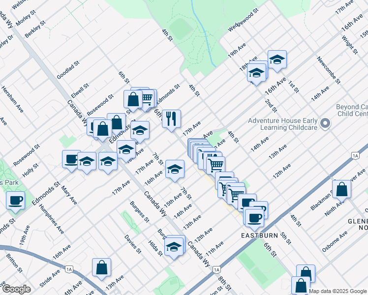 map of restaurants, bars, coffee shops, grocery stores, and more near 7499 6th Street in Burnaby