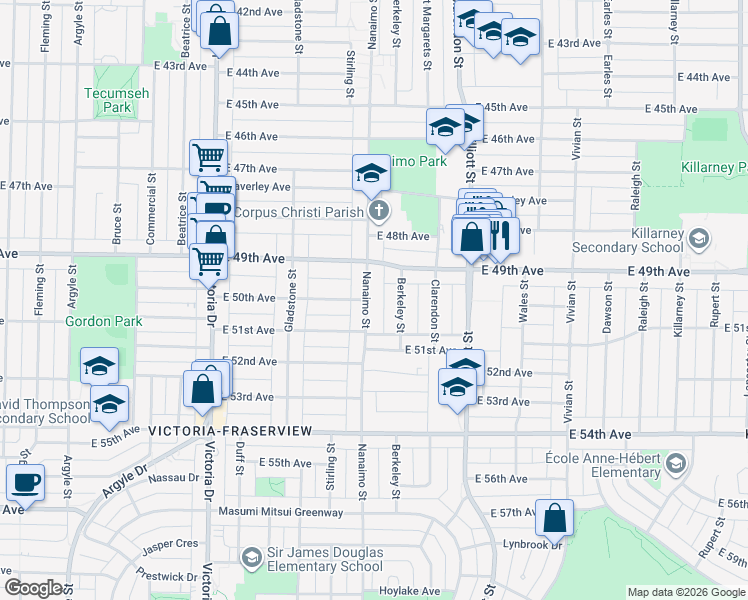map of restaurants, bars, coffee shops, grocery stores, and more near 6586 Nanaimo Street in Vancouver