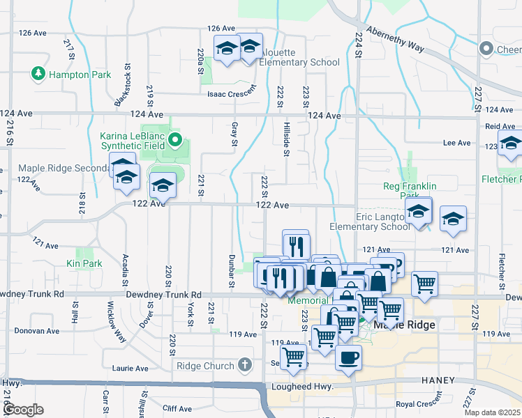 map of restaurants, bars, coffee shops, grocery stores, and more near 22186 122 Avenue in Maple Ridge