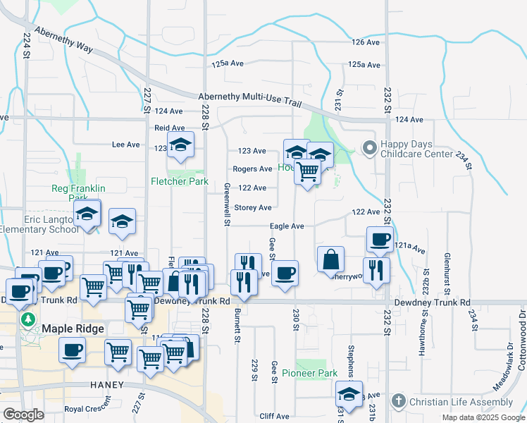 map of restaurants, bars, coffee shops, grocery stores, and more near 22970 Storey Avenue in Maple Ridge