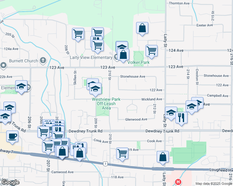 map of restaurants, bars, coffee shops, grocery stores, and more near 21060 122 Avenue in Maple Ridge