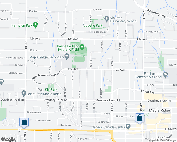 map of restaurants, bars, coffee shops, grocery stores, and more near 22038 122 Avenue in Maple Ridge