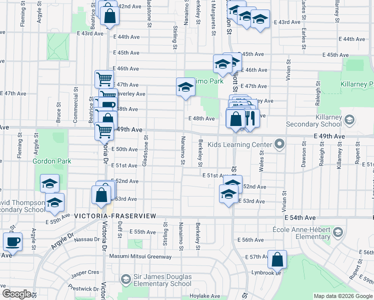 map of restaurants, bars, coffee shops, grocery stores, and more near 6586 Nanaimo Street in Vancouver