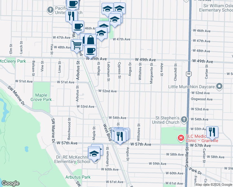 map of restaurants, bars, coffee shops, grocery stores, and more near 6807 Cypress Street in Vancouver