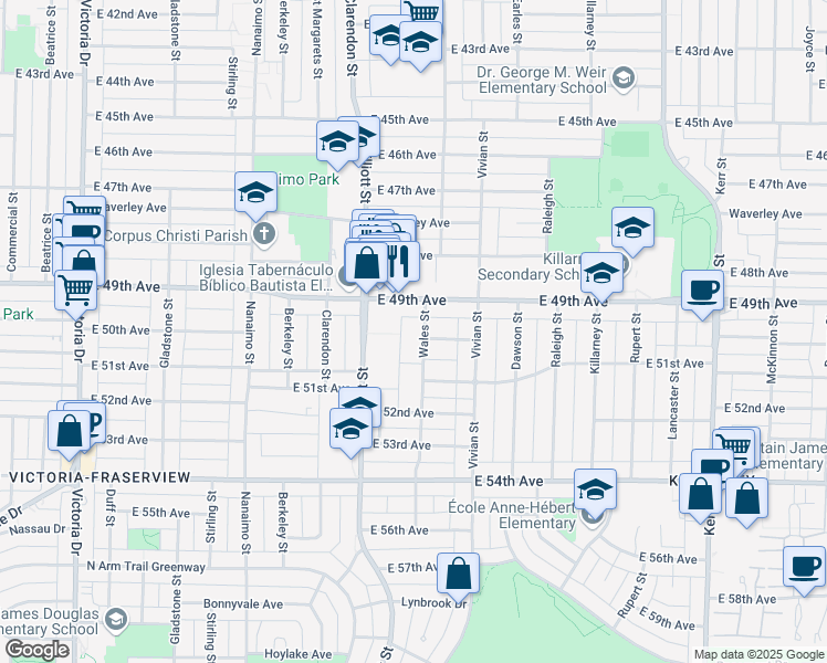 map of restaurants, bars, coffee shops, grocery stores, and more near 6537 Wales Street in Vancouver