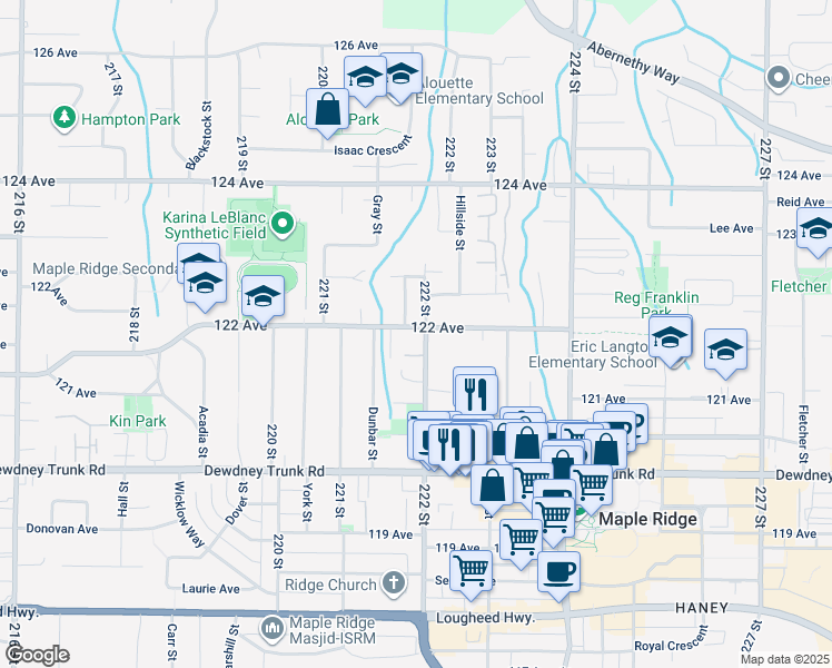 map of restaurants, bars, coffee shops, grocery stores, and more near 22180 122 Avenue in Maple Ridge