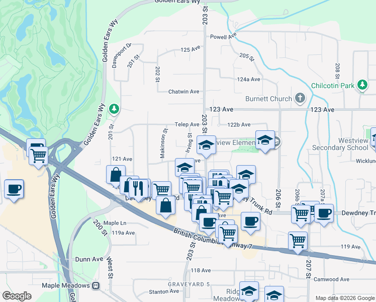 map of restaurants, bars, coffee shops, grocery stores, and more near Irving Street in Maple Ridge