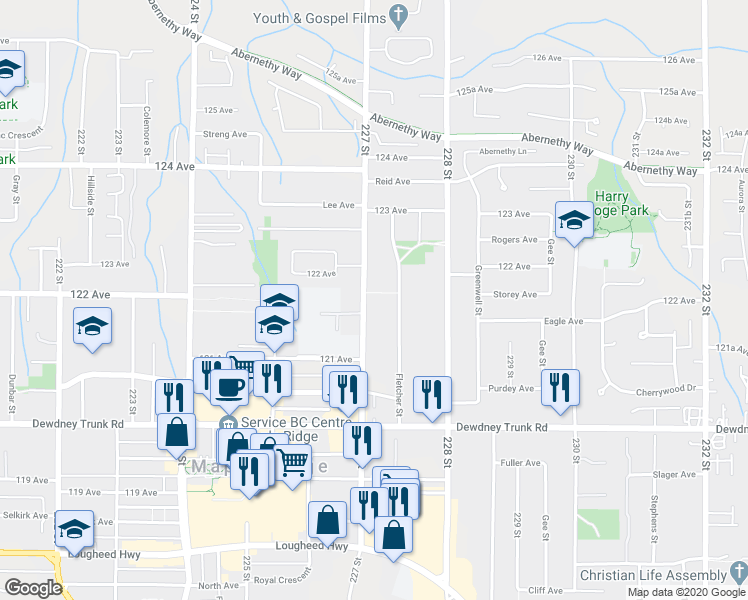 map of restaurants, bars, coffee shops, grocery stores, and more near 12191 227 Street in Maple Ridge