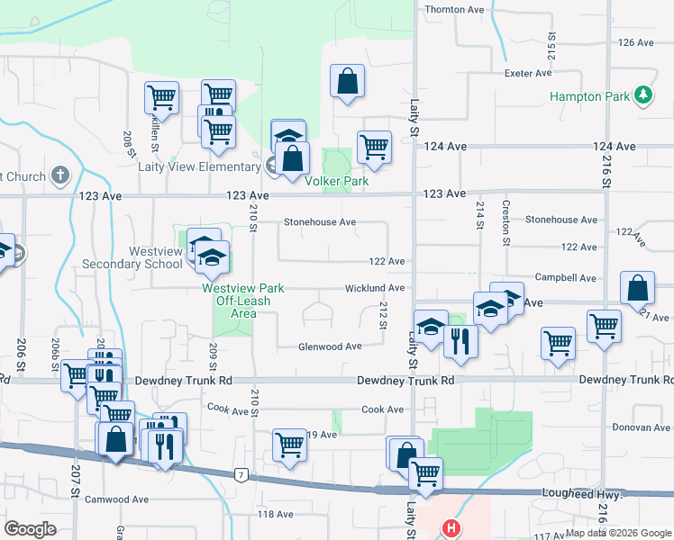 map of restaurants, bars, coffee shops, grocery stores, and more near 21136 122 Avenue in Maple Ridge