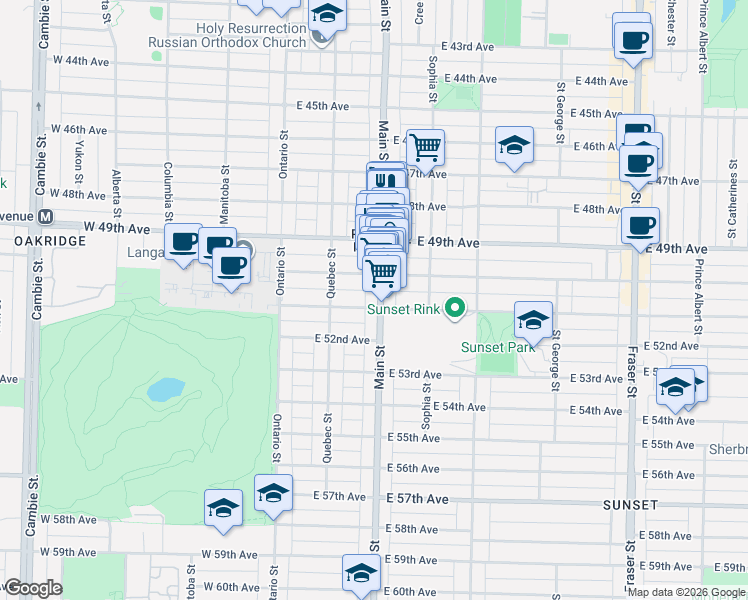 map of restaurants, bars, coffee shops, grocery stores, and more near 6679 Main Street in Vancouver