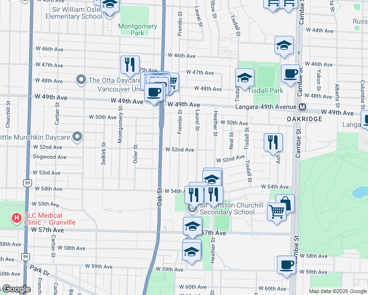 map of restaurants, bars, coffee shops, grocery stores, and more near 6578 Oak Street in Vancouver
