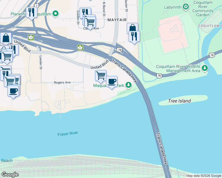 map of restaurants, bars, coffee shops, grocery stores, and more near 7 Burbidge Street in Coquitlam