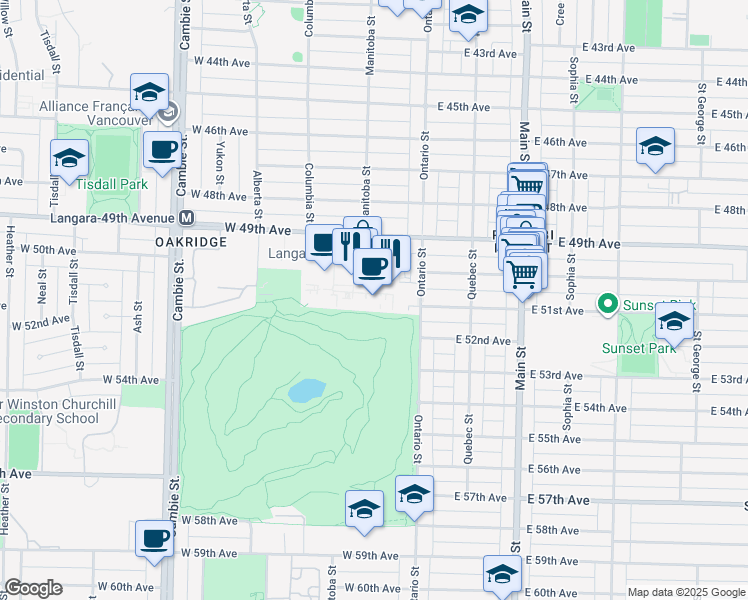 map of restaurants, bars, coffee shops, grocery stores, and more near 100 West 49th Avenue in Vancouver