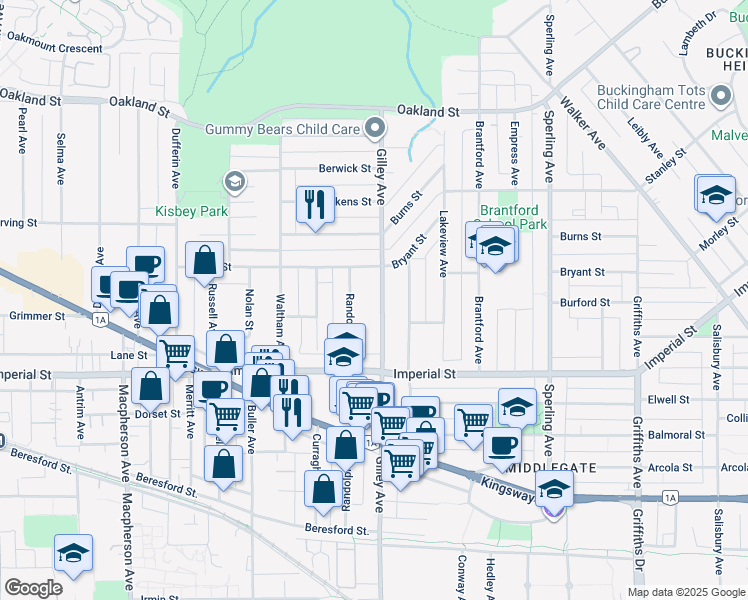 map of restaurants, bars, coffee shops, grocery stores, and more near 6585 Gilley Avenue in Burnaby