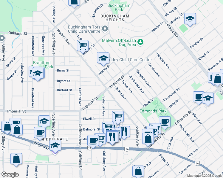 map of restaurants, bars, coffee shops, grocery stores, and more near 7320 Imperial Street in Burnaby