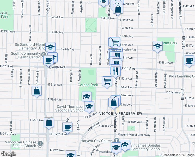 map of restaurants, bars, coffee shops, grocery stores, and more near 1806 East 50th Avenue in Vancouver