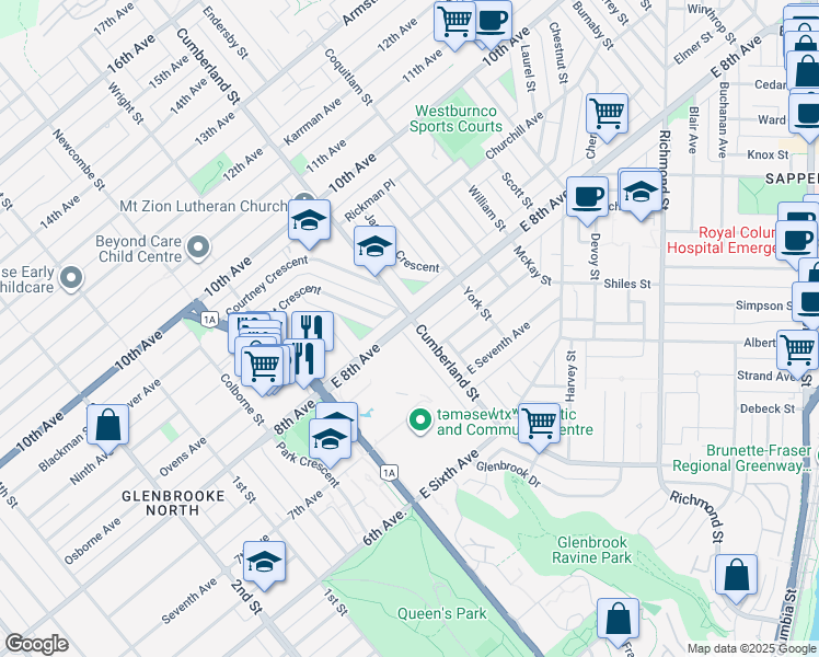 map of restaurants, bars, coffee shops, grocery stores, and more near 730 Cumberland Street in New Westminster