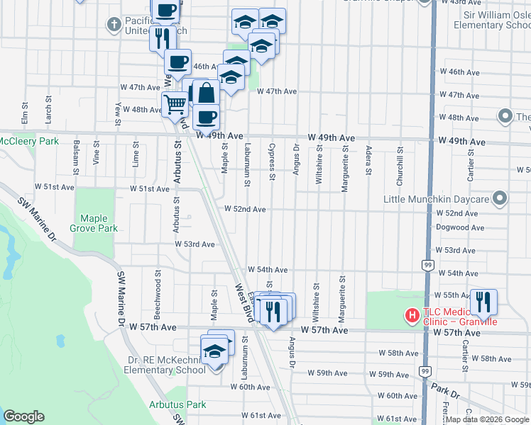 map of restaurants, bars, coffee shops, grocery stores, and more near 6855 Cypress Street in Vancouver