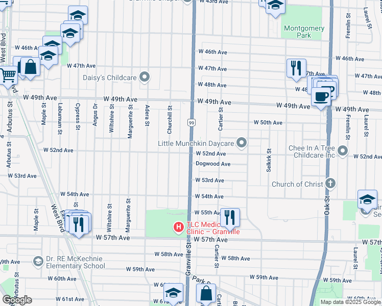 map of restaurants, bars, coffee shops, grocery stores, and more near Granville Street & West 52nd Avenue in Vancouver