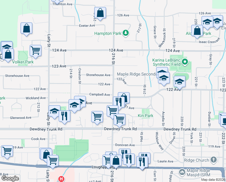 map of restaurants, bars, coffee shops, grocery stores, and more near 12177 216 Street in Maple Ridge