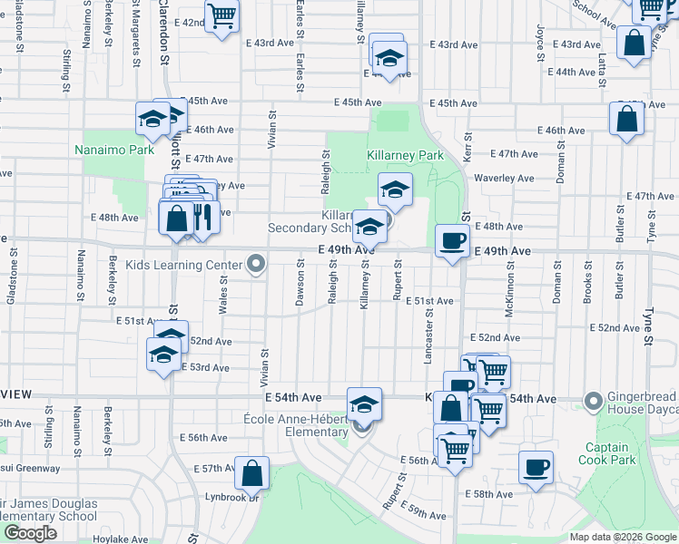 map of restaurants, bars, coffee shops, grocery stores, and more near 6550 Raleigh Street in Vancouver