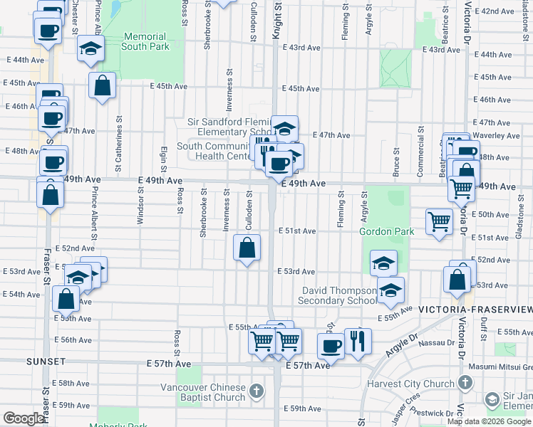 map of restaurants, bars, coffee shops, grocery stores, and more near 6625 Knight Street in Vancouver
