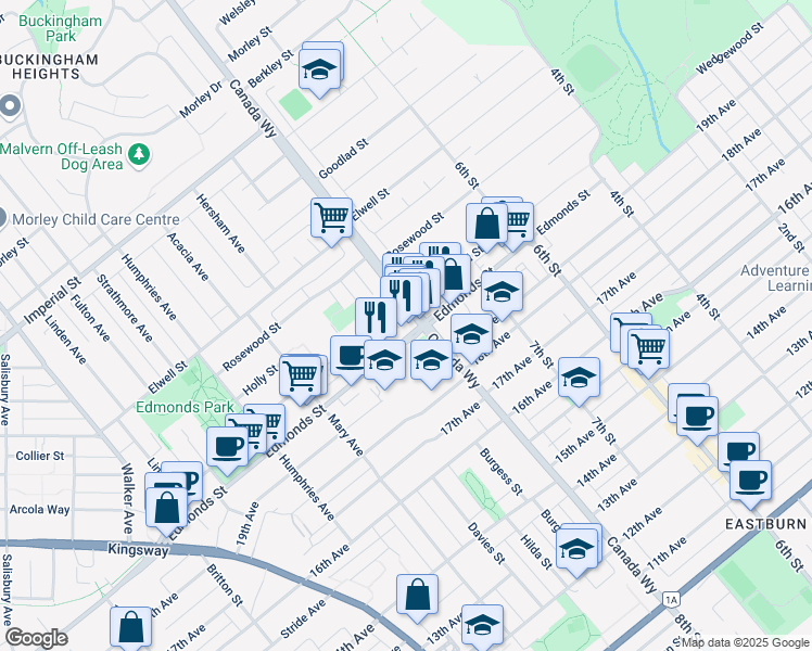 map of restaurants, bars, coffee shops, grocery stores, and more near in Burnaby