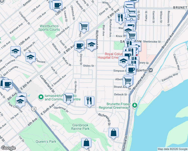 map of restaurants, bars, coffee shops, grocery stores, and more near 221 Richmond Street in New Westminster