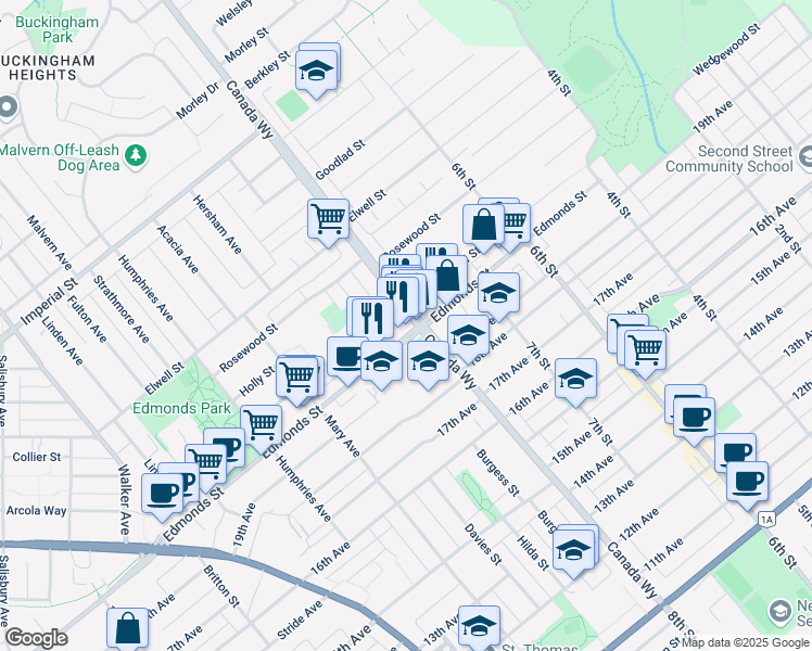 map of restaurants, bars, coffee shops, grocery stores, and more near in Burnaby