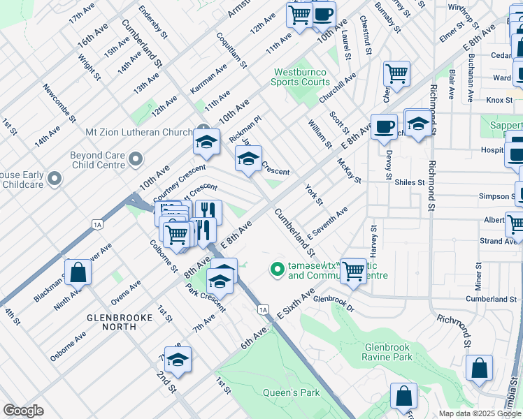 map of restaurants, bars, coffee shops, grocery stores, and more near 730 Cumberland Street in New Westminster