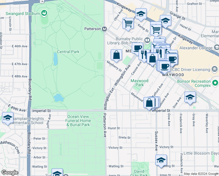 map of restaurants, bars, coffee shops, grocery stores, and more near in Burnaby