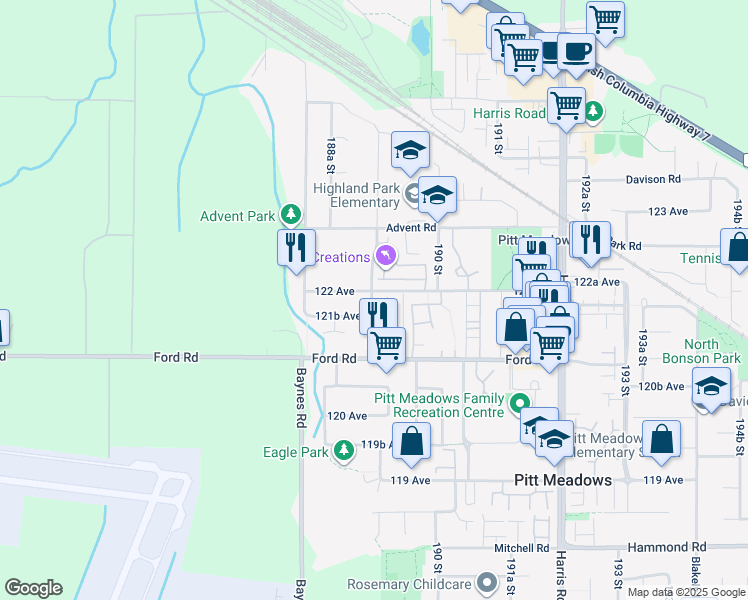 map of restaurants, bars, coffee shops, grocery stores, and more near 12180 189A Street in Pitt Meadows