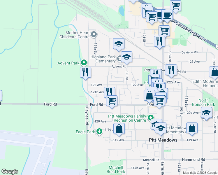 map of restaurants, bars, coffee shops, grocery stores, and more near 12180 189A Street in Pitt Meadows