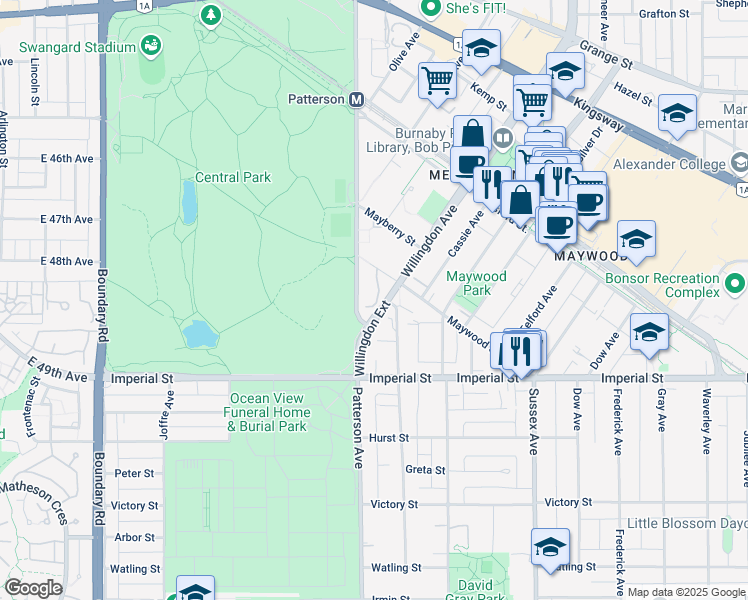 map of restaurants, bars, coffee shops, grocery stores, and more near in Burnaby