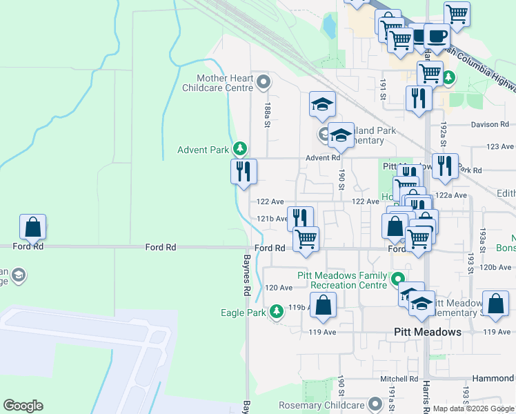 map of restaurants, bars, coffee shops, grocery stores, and more near 12142 122 Avenue in Pitt Meadows