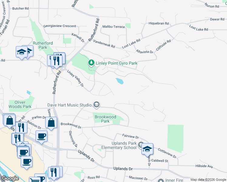 map of restaurants, bars, coffee shops, grocery stores, and more near 5757 Linyard Road in Nanaimo