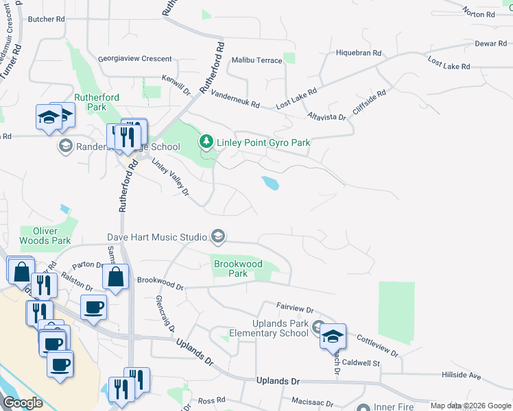 map of restaurants, bars, coffee shops, grocery stores, and more near 5757 Linyard Road in Nanaimo