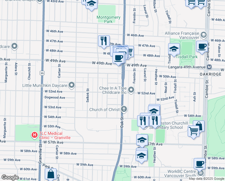 map of restaurants, bars, coffee shops, grocery stores, and more near 1069 West 52nd Avenue in Vancouver