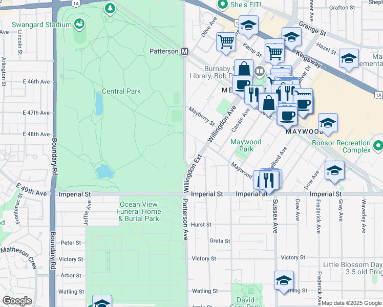 map of restaurants, bars, coffee shops, grocery stores, and more near 4194 Maywood Street in Burnaby