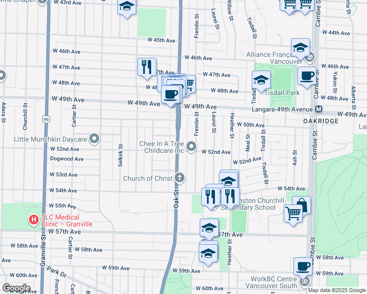 map of restaurants, bars, coffee shops, grocery stores, and more near 6768 Oak Street in Vancouver