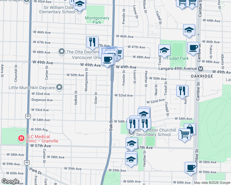 map of restaurants, bars, coffee shops, grocery stores, and more near 6768 Oak Street in Vancouver