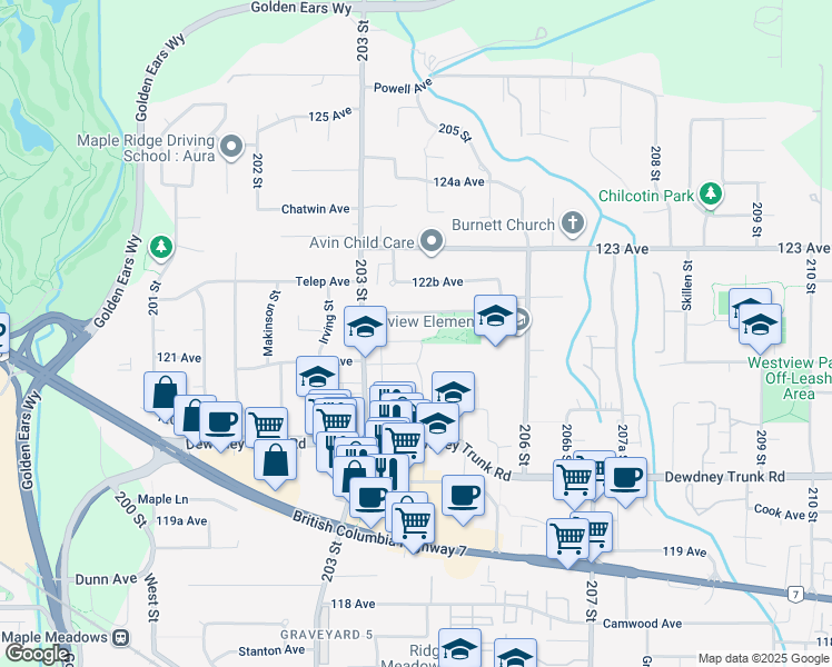 map of restaurants, bars, coffee shops, grocery stores, and more near 20425 121 B Avenue in Maple Ridge