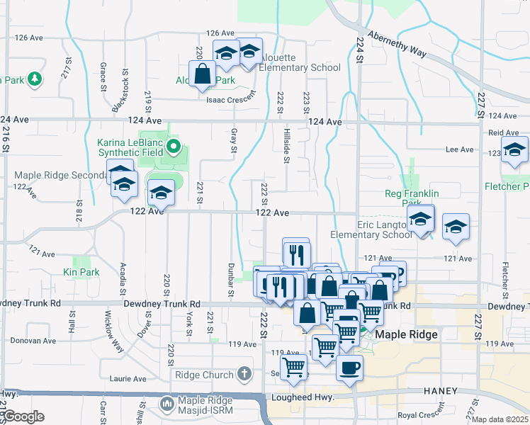 map of restaurants, bars, coffee shops, grocery stores, and more near 122 Avenue in Maple Ridge