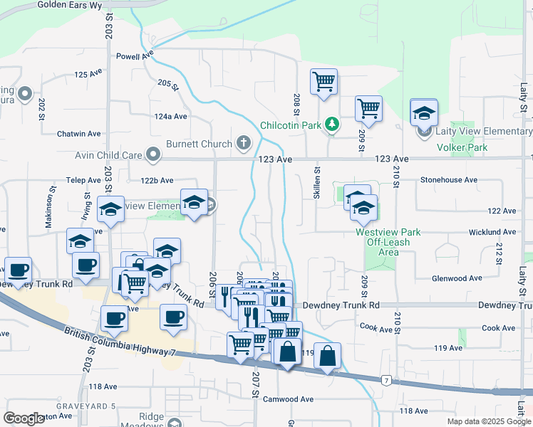 map of restaurants, bars, coffee shops, grocery stores, and more near 12209 207A Street in Maple Ridge