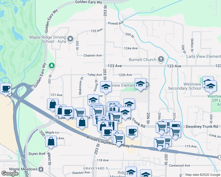 map of restaurants, bars, coffee shops, grocery stores, and more near 20389 121 B Avenue in Maple Ridge