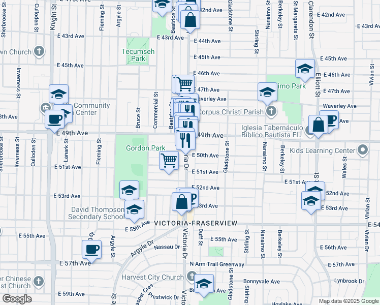 map of restaurants, bars, coffee shops, grocery stores, and more near 6596 Victoria Drive in Vancouver