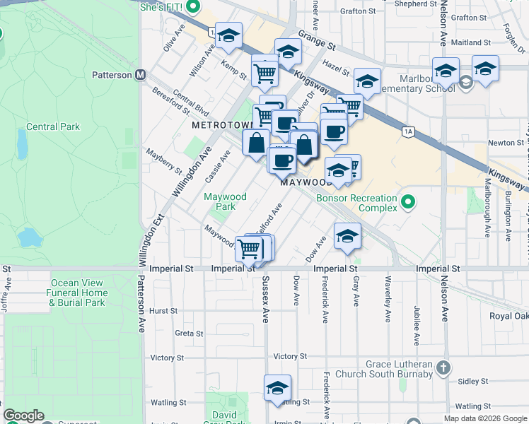 map of restaurants, bars, coffee shops, grocery stores, and more near 6537 Telford Avenue in Burnaby