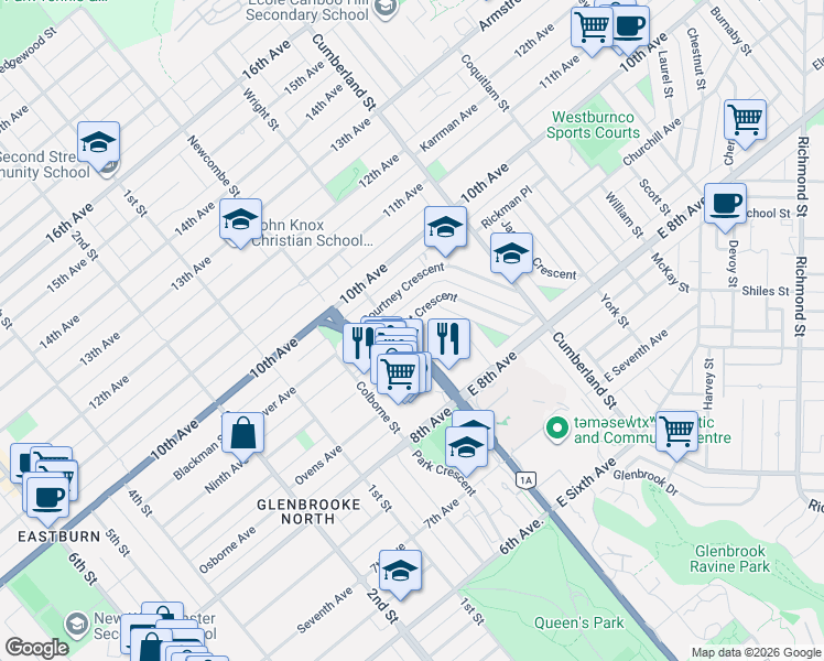 map of restaurants, bars, coffee shops, grocery stores, and more near 845 McBride Boulevard in New Westminster