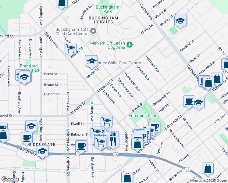 map of restaurants, bars, coffee shops, grocery stores, and more near 6667 Fulton Avenue in Burnaby