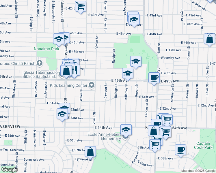 map of restaurants, bars, coffee shops, grocery stores, and more near 6526 Dawson Street in Vancouver